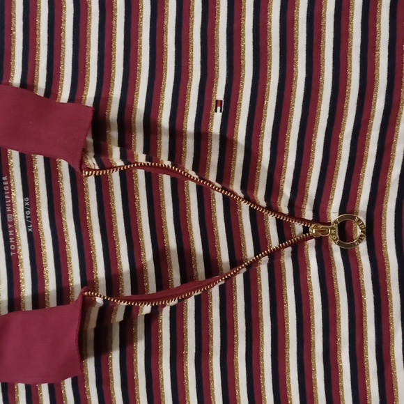 Tommy Hilfiger Wmn's XL Striped Quarter Zip Maroon/gold Polo Shirt - Picture 5 of 7
